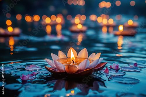 A Panoramic View of the Ganges River During an Evening Aarti Ceremony, With Hundreds of Lamps Floating on the Water photo