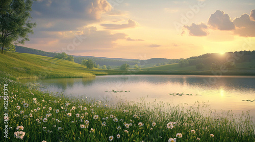 Peaceful summer morning, sunrise over the calm 
lake. ai generation 