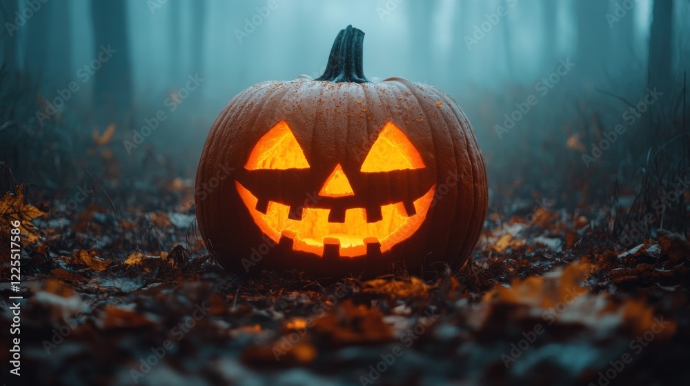 Spooky Jack-o'-lantern in a Misty Forest Spooky Jack-o'-lantern in a Misty Forest