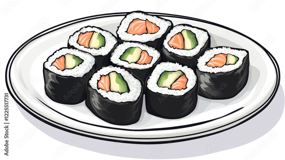 Delicious Salmon Avocado Sushi Rolls on Plate Delicious Salmon Avocado Sushi Rolls on Plate