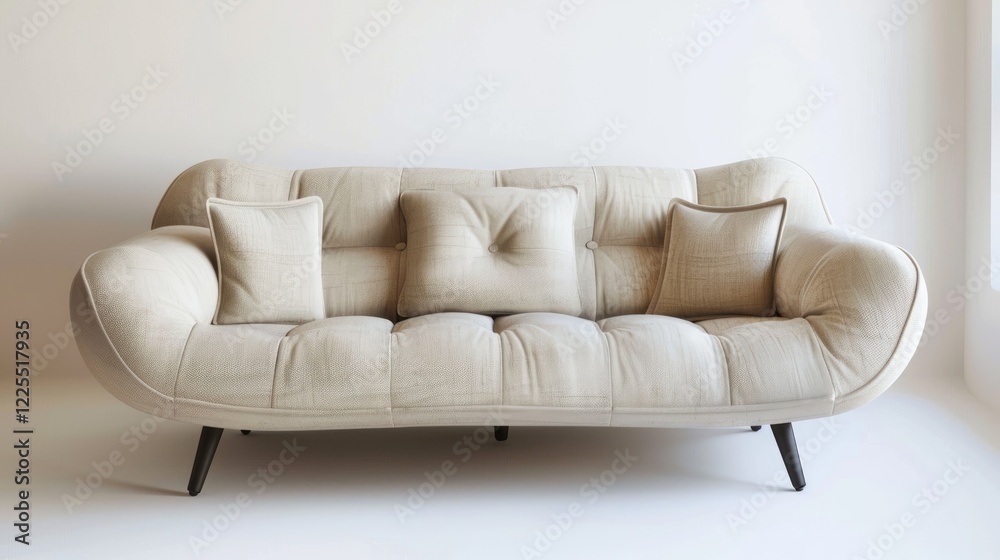 Light beige fabric sofa with three seats and pillow on white backdrop. Light beige fabric sofa with three seats and pillow on white backdrop.