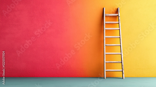 wooden ladder leans against vibrant wall transitioning from red to yellow, creating striking visual contrast. floor is muted teal, enhancing colorful scene