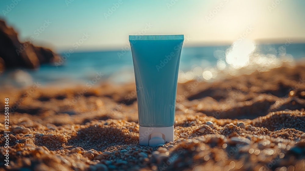 A sunscreen tube on a pristine beach, highlighting summer care and outdoor relaxation themes. A sunscreen tube on a pristine beach, highlighting summer care and outdoor relaxation themes.