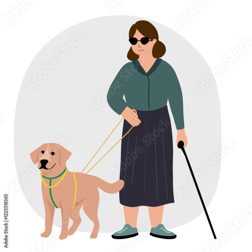 Blind woman her dog guide walking outside