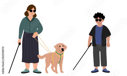 Blind boy and blind woman with her dog guide walking outside
