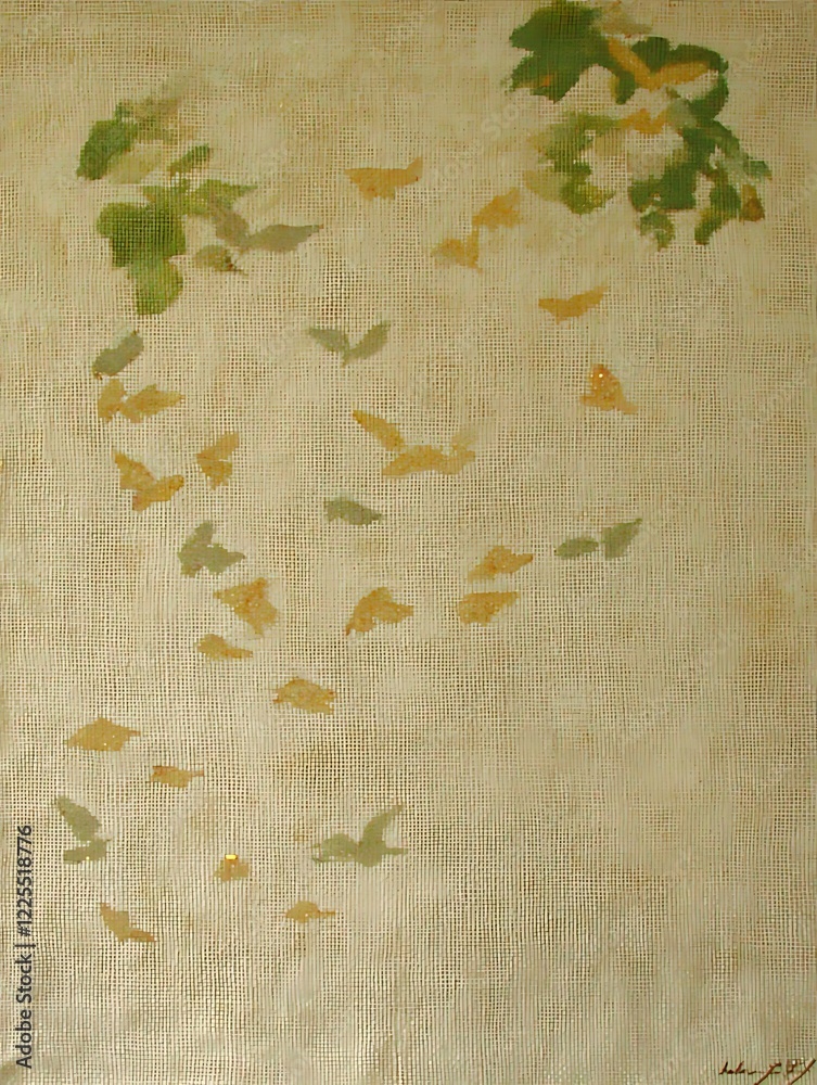 Abstract Beige Fabric Texture with Green and Gold Leaf Motifs Abstract Beige Fabric Texture with Green and Gold Leaf Motifs