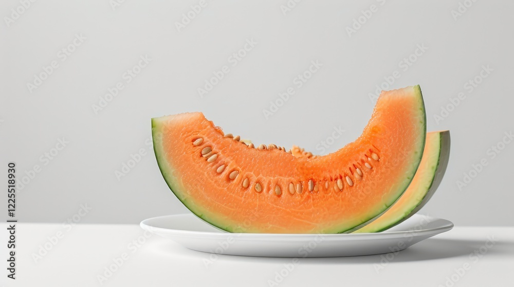 Melon slice placed on white plate against white backdrop. Melon slice placed on white plate against white backdrop.