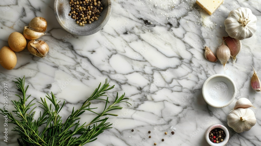 Marble slab on table with food ingredients. Marble slab on table with food ingredients.