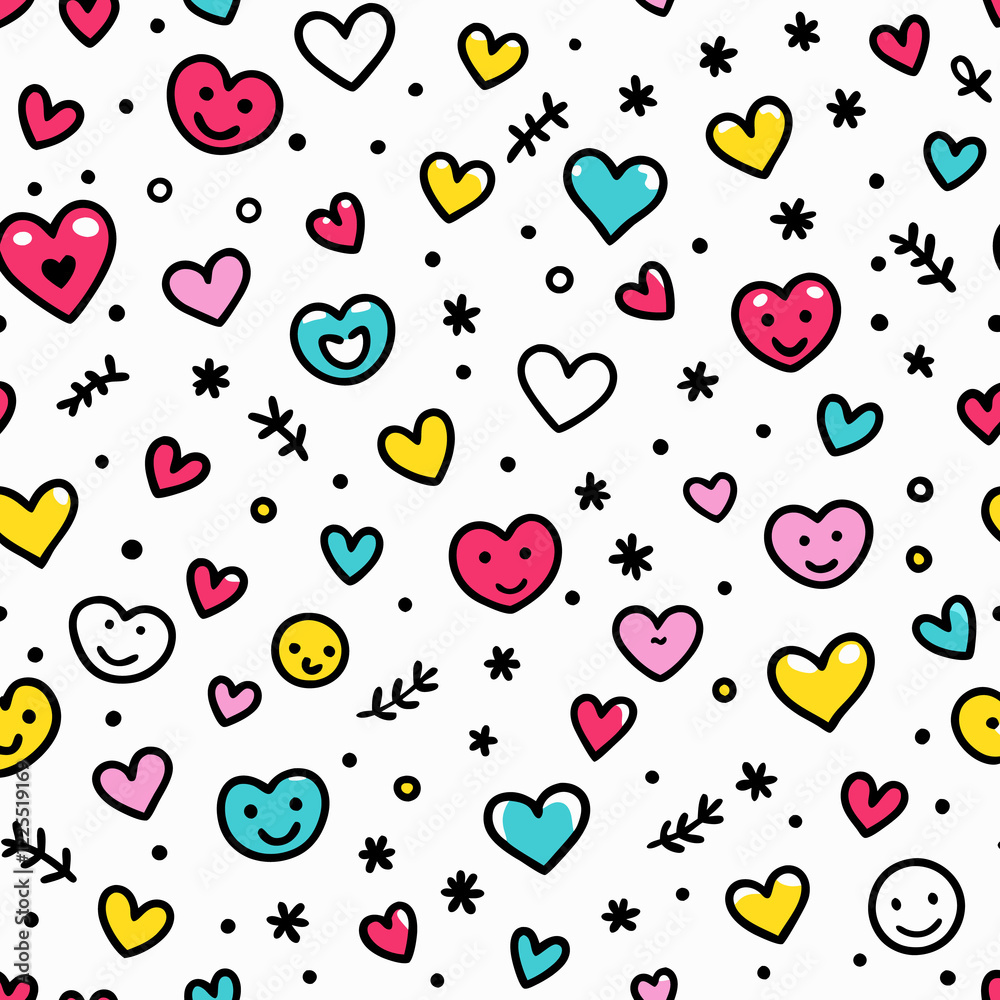 Colorful hand-drawn hearts pattern, seamless repeat, digital design, textile print Colorful hand-drawn hearts pattern, seamless repeat, digital design, textile print