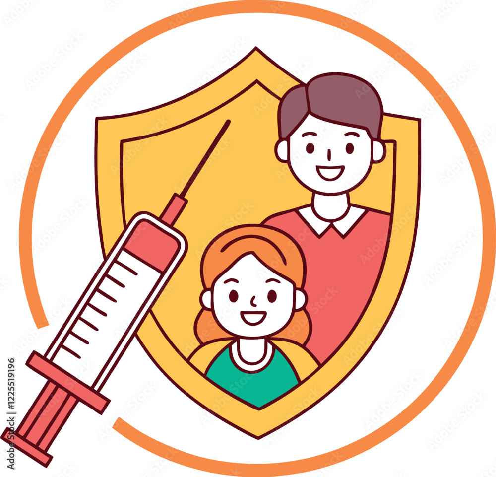 A cheerful cartoon family is safely protected by a shield, symbolizing vaccination. A cheerful cartoon family is safely protected by a shield, symbolizing vaccination.