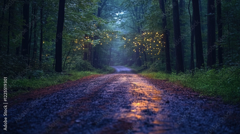 Fototapeta premium A dark, quiet forest road illuminated by the soft glow of fireflies at dusk