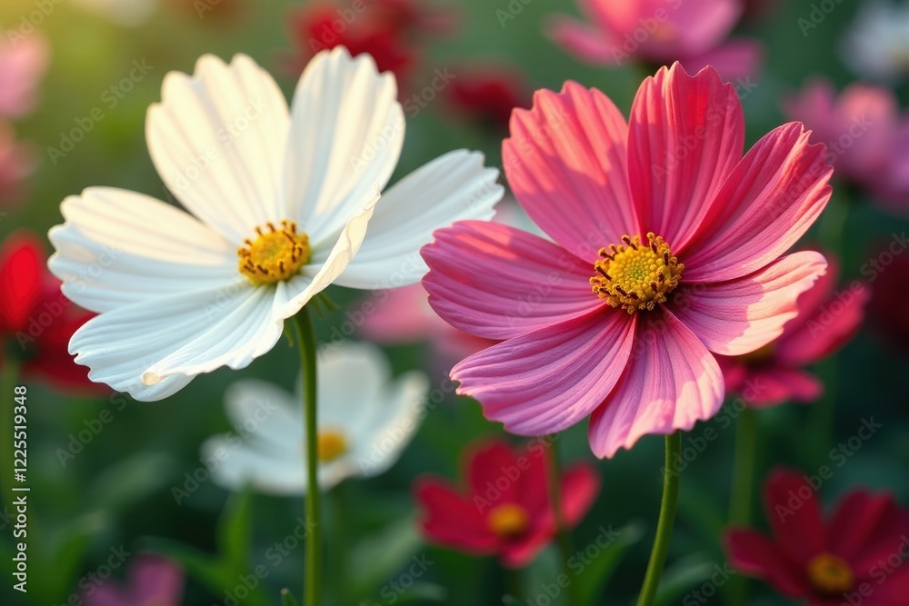 White and red cosmos petals with delicate green veins, , plant White and red cosmos petals with delicate green veins, , plant