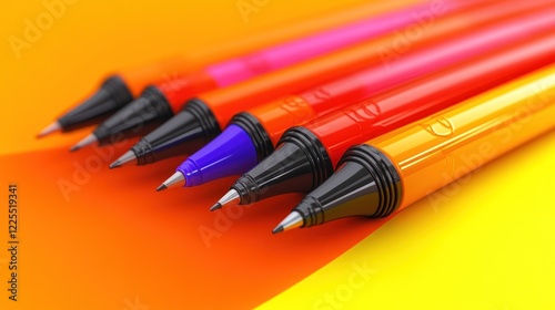 Colorful Pens Arranged on Vibrant Orange Yellow Background photo