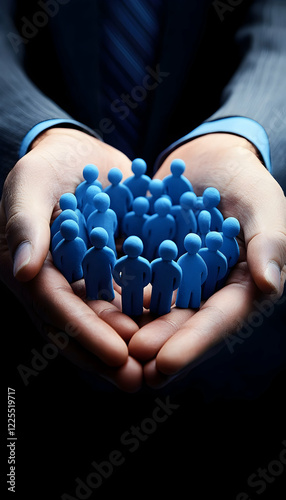 Protecting your valuable team: A businessman's hands gently cradle a group of blue figures, symbolizing the care and protection afforded to a valued team  -