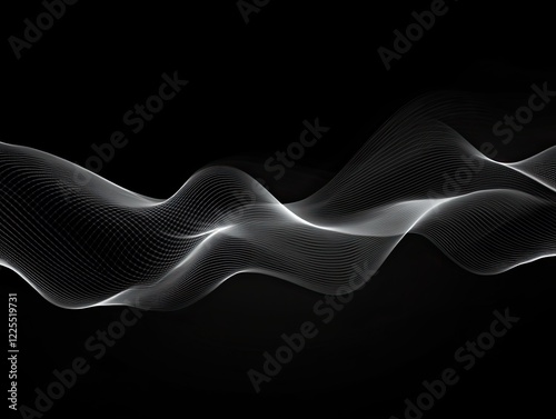 Abstract white flowing lines on a dark black background, digital wave effect
