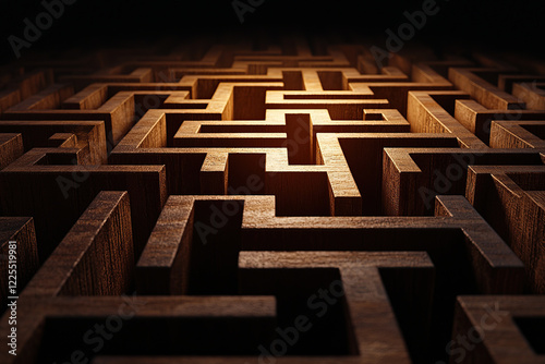 radiant wooden maze with glowing interconnected platforms creates mysterious and intriguing atmosphere. intricate design and warm lighting evoke sense of exploration and curiosity
