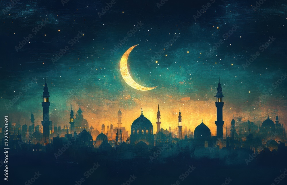 Naklejka premium Moonlit Cityscape with Silhouette of Ancient Architecture and Stars