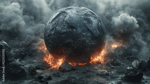 Burning planet, apocalyptic landscape, fiery impact photo