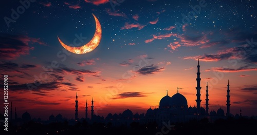 Night Sky with Crescent Moon Over Mosque Silhouette at Dusk