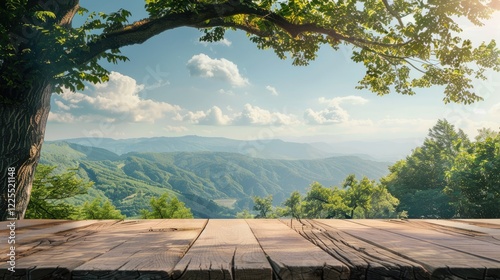 Mountaintop table with green tree backdrop for text