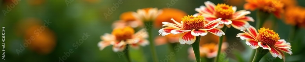 Fototapeta premium White and red striped marigold petals against a green stem, garden flowers, striped marigolds, plant