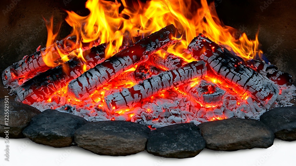 Burning Embers and Flames in a Stone Fire Pit Burning Embers and Flames in a Stone Fire Pit