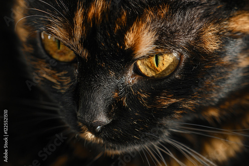 Close-up of a tortoiseshell cat's face, showcasing its striking amber eyes and intricate fur patterns photo