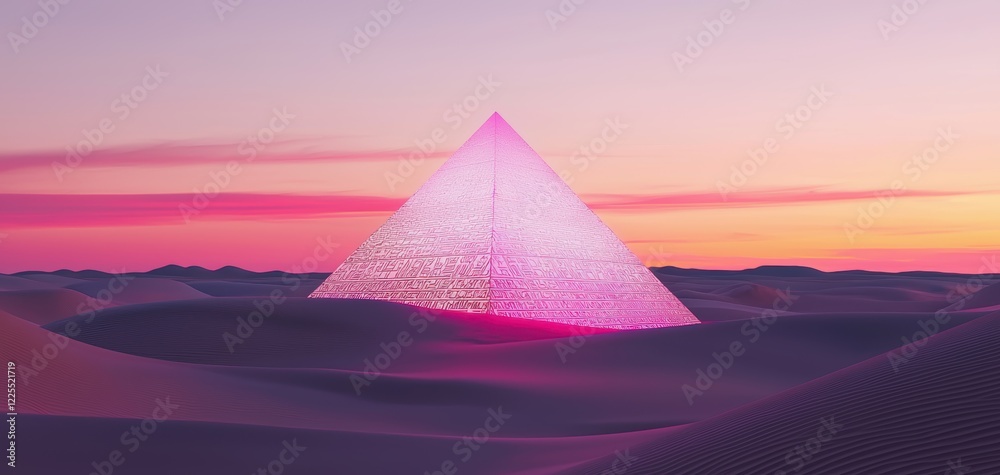 Floating pyramid with glowing hieroglyphs hovering above a desert at sunset surreal 3D design blending ancient and futuristic styles Floating pyramid with glowing hieroglyphs hovering above a desert at sunset surreal 3D design blending ancient and futuristic styles