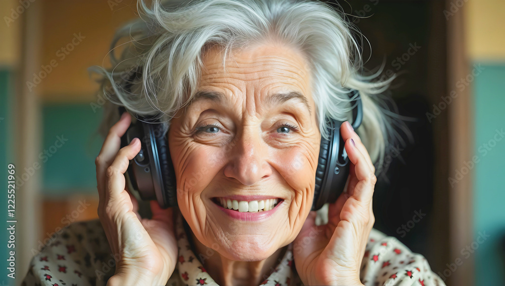 Portrait of elderly woman smiling and listening to the music, senior people, happy expression