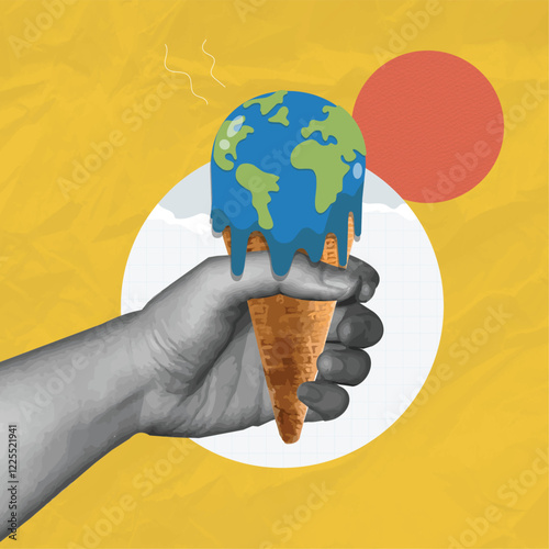 Global warming collage temperature, with melted ice cream on a painted background