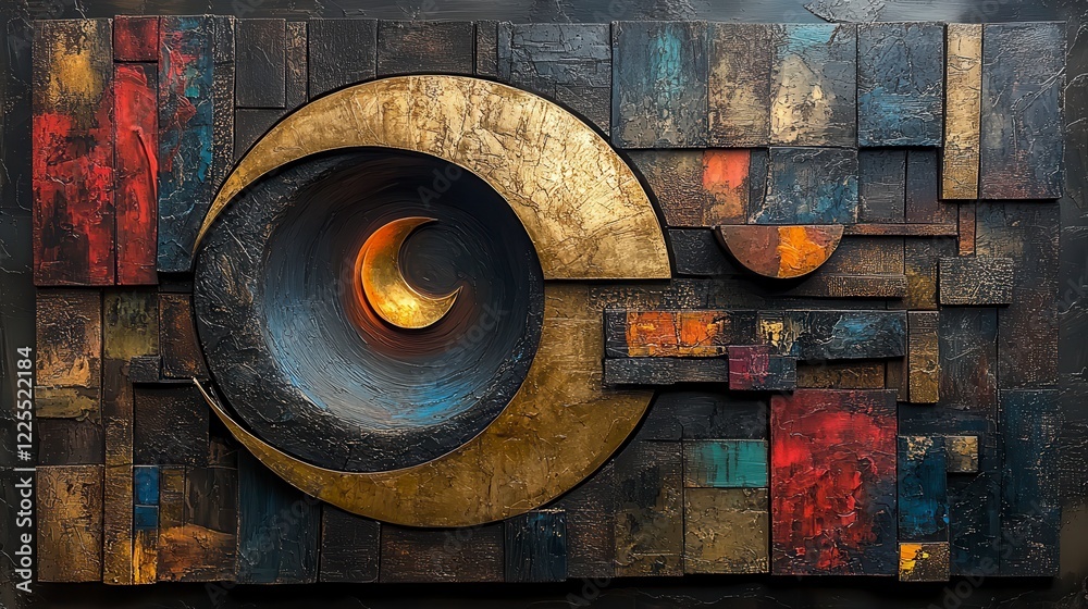 Abstract wood mosaic art; crescent moon, dark background Abstract wood mosaic art; crescent moon, dark background