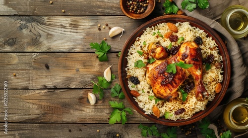 Overhead Shot of Kebuli Rice with Roasted Chicken and Raisin on Cream Background, Wooden Table with Room for Text photo