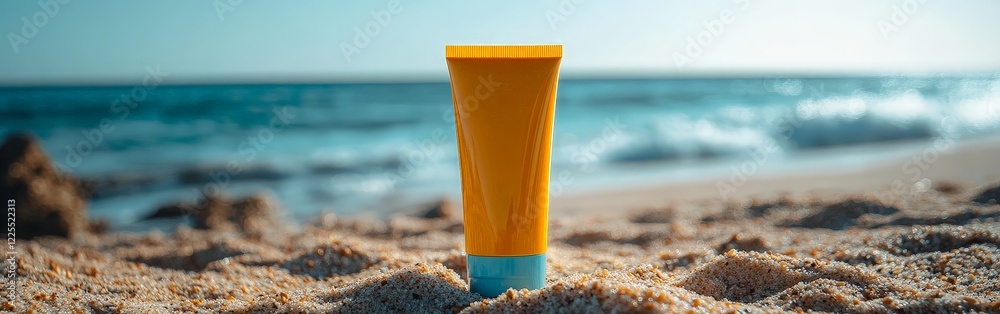 A sunscreen tube on a pristine beach, highlighting summer care and outdoor relaxation themes. A sunscreen tube on a pristine beach, highlighting summer care and outdoor relaxation themes.