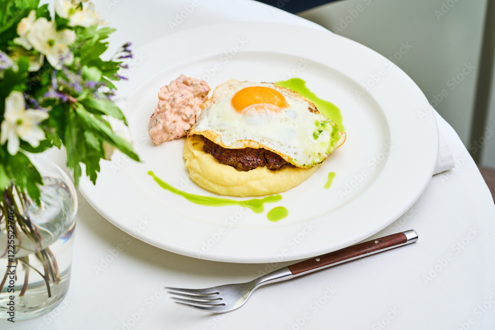 Steak and Eggs. The dish includes smooth creamy sides and a vibrant green sauce enhancing the visual appeal Steak and Eggs. The dish includes smooth creamy sides and a vibrant green sauce enhancing the visual appeal