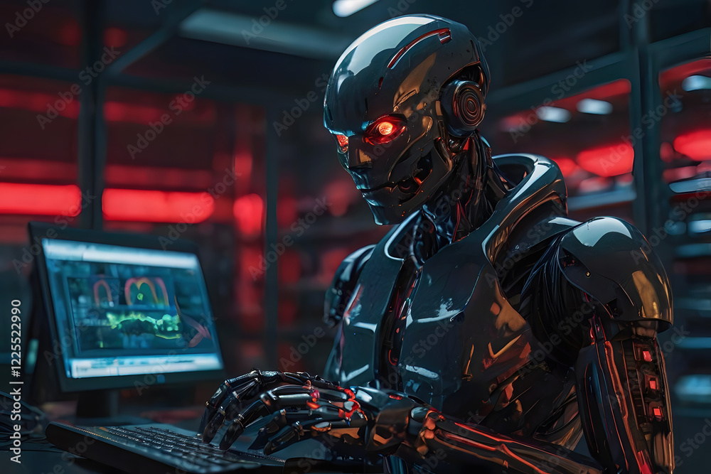 Black AI robot with red eyes standing in data center server modern office working room in concept of cyber security hacking risk and privacy leak in cloud computing technology Black AI robot with red eyes standing in data center server modern office working room in concept of cyber security hacking risk and privacy leak in cloud computing technology