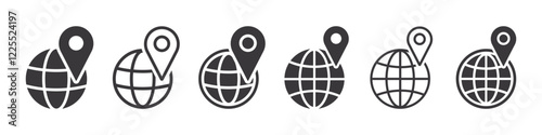 Set of local SEO icons. Location on globe, location marker icon. Globe with location marker. Vector illustration.
