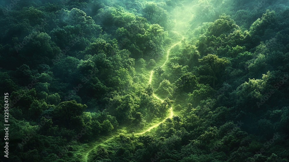 Naklejka premium An aerial view of a dense green forest with winding paths and patches of sunlight breaking through the canopy 