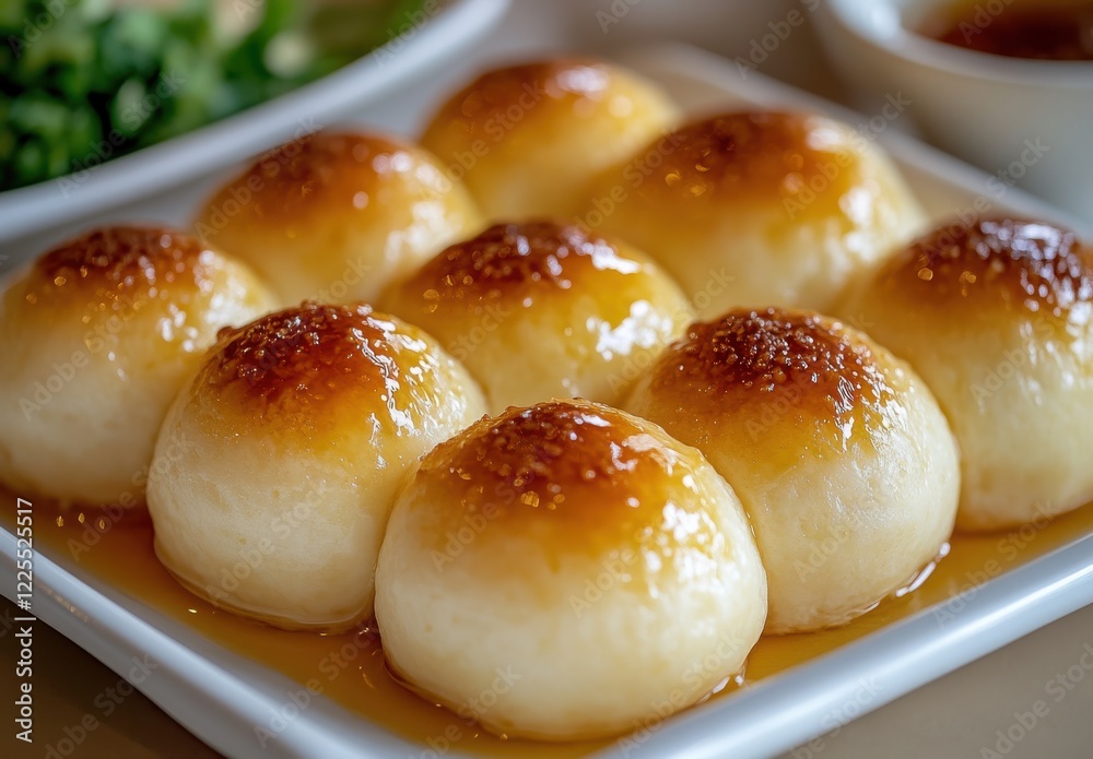 Soft and Sweet Glazed Buns on White Plate with Light Reflection