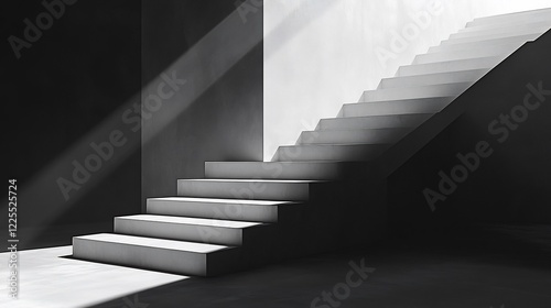 Serene grayscale stairs ascend bathed in soft sunlight creating a peaceful mood. AI Generated
