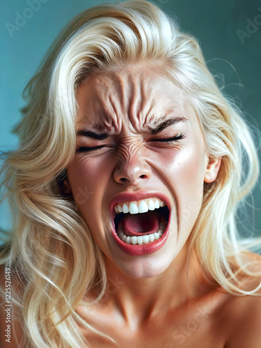 Portrait, pretty blonde woman screaming in pain, pleasure, female orgasm, facial expression