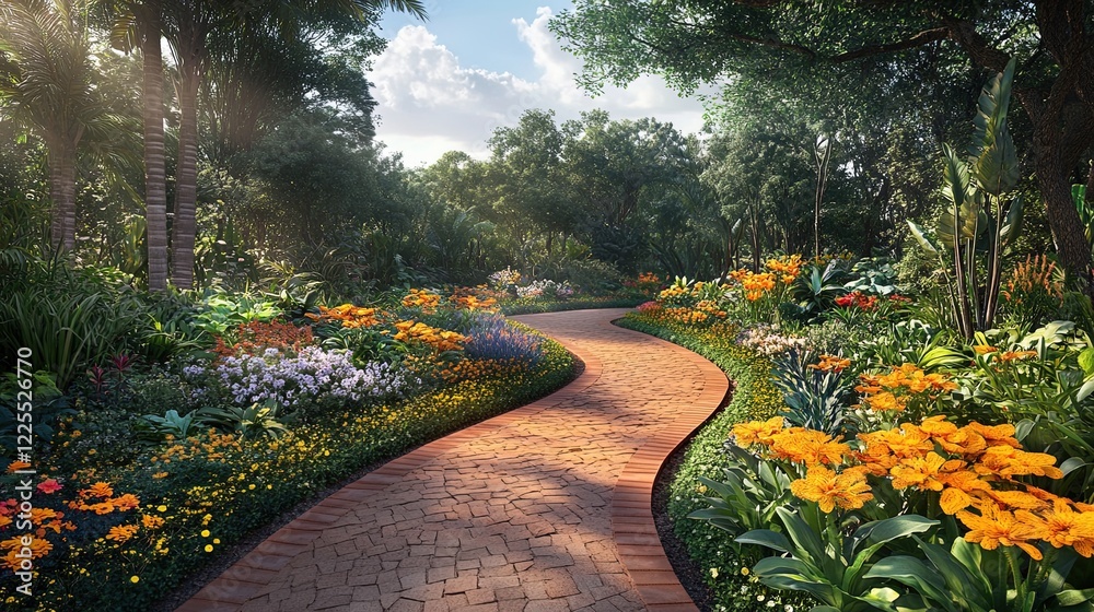 Obraz premium A winding path through a vibrant botanical garden, colorful flowers, and educational signage about plant conservation 