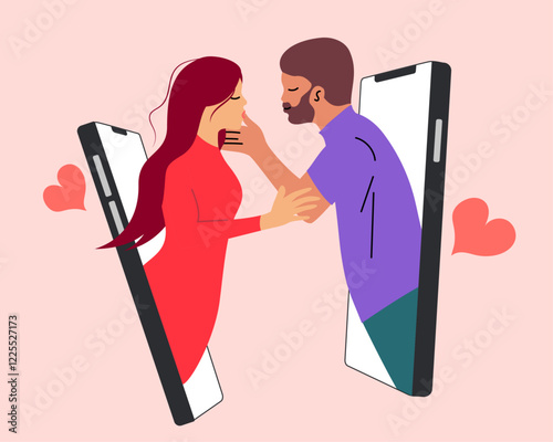 Valentine's Day. Dating phone app concept. Couples, lovers communicate online, flirt in chats. Flat isolated vector illustration.
