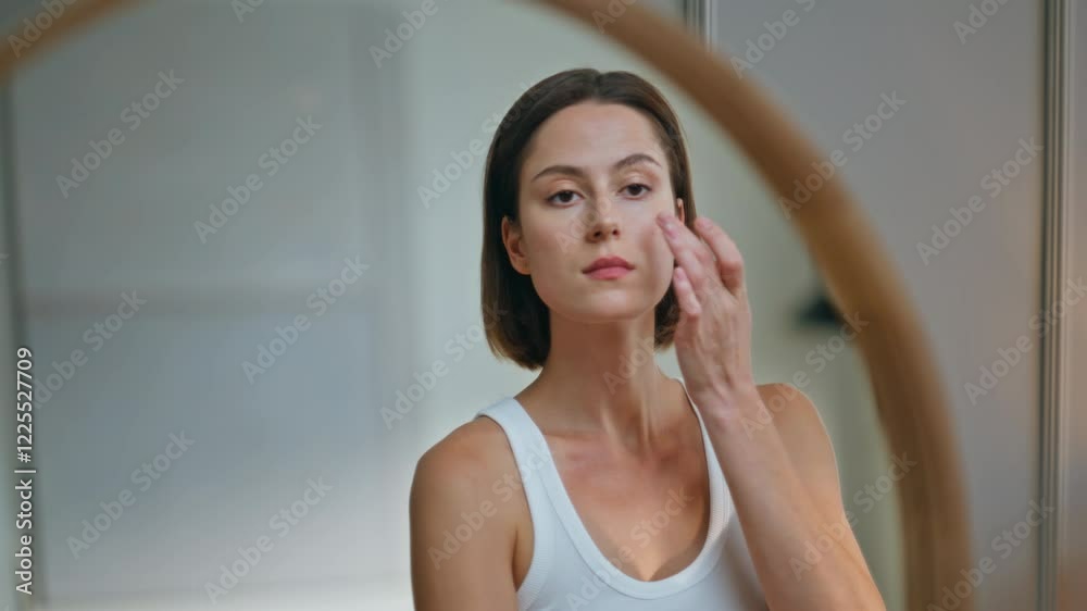 Girl applying moisturizing cream on facial skin closeup. Woman hydrating face Girl applying moisturizing cream on facial skin closeup. Woman hydrating face
