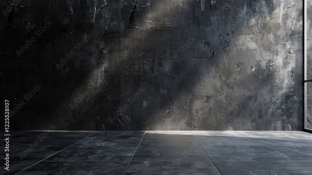 Vacant studio room with gray floor and dark concrete wall under spotlighting. Display area. Vacant studio room with gray floor and dark concrete wall under spotlighting. Display area.