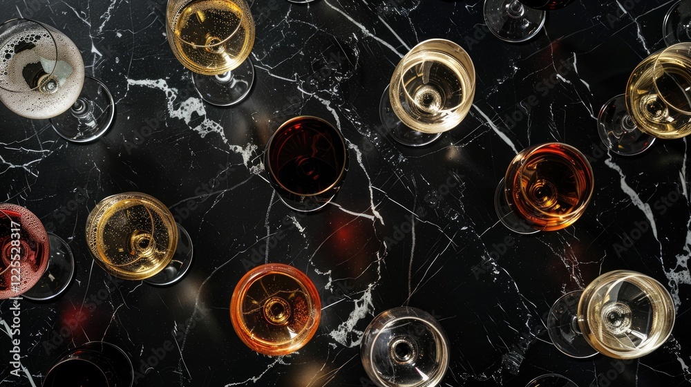 Fototapeta premium Variety of wine glasses on black marble backdrop. Overhead perspective. Empty room for text.