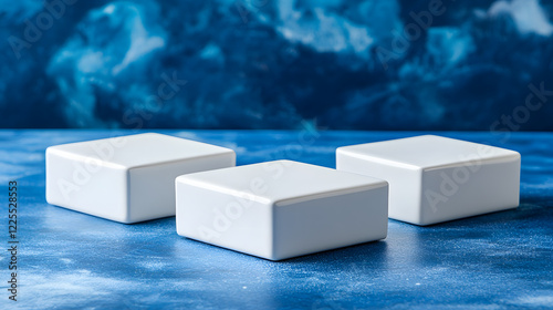 Square podiums are white. Abstract background. A stage for the demonstration of cosmetics. Podium for the award, consisting of three 3 square figures of different sizes on a blue background. Showcase photo