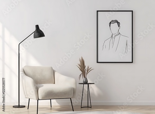 Minimal Scandinavian interior with a modern living room, elegant armchair, black lamp, and a framed line art portrait of a man on the white wall