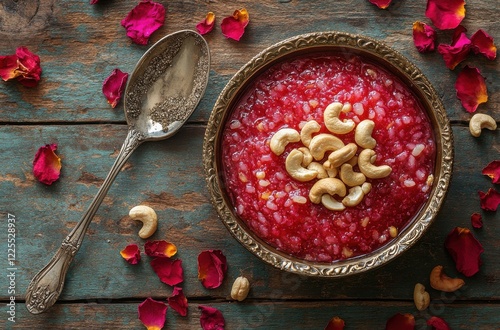 Traditional Indian dessert bowl with rose petals and cashews photo