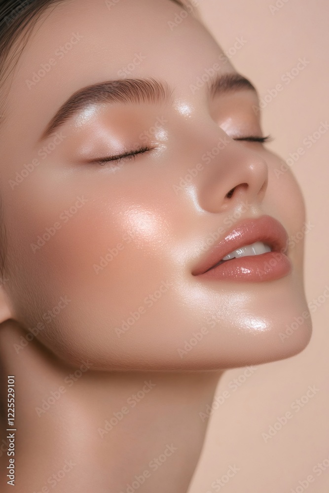 Close-up portrait featuring flawless skincare results, revealing glowing complexion on young woman with smooth, luminous facial skin Close-up portrait featuring flawless skincare results, revealing glowing complexion on young woman with smooth, luminous facial skin