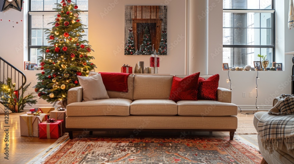 Obraz premium Warm Holiday Decor with Neutral Sofa, Red Accents, and Sparkly Christmas Tree
